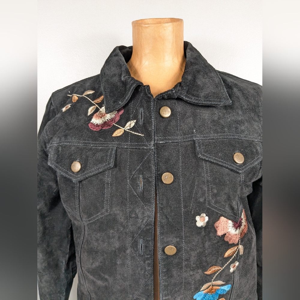 Brandon Thomas Suede Leather Jacket Womens Sz M Long Sleeve Button Floral Black - Picture 6 of 12